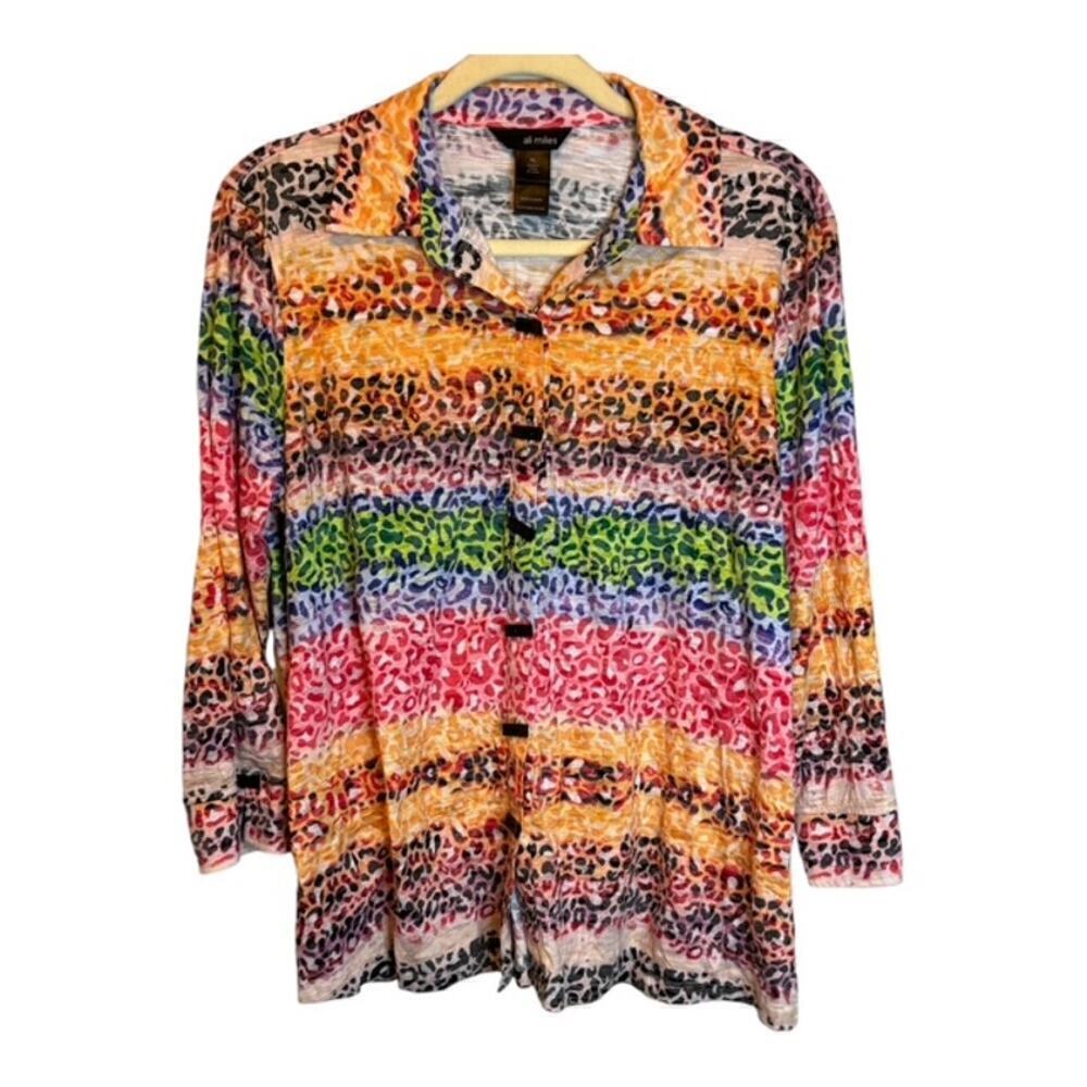 Ali Miles Blouse Women's Size Large Petite Cheetah‎ Abstract Stripes